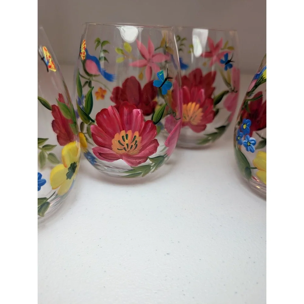 Pier 1 Happy Blooms Hand Painted Stemless Wine Glasses Birds FlowersSet of 5